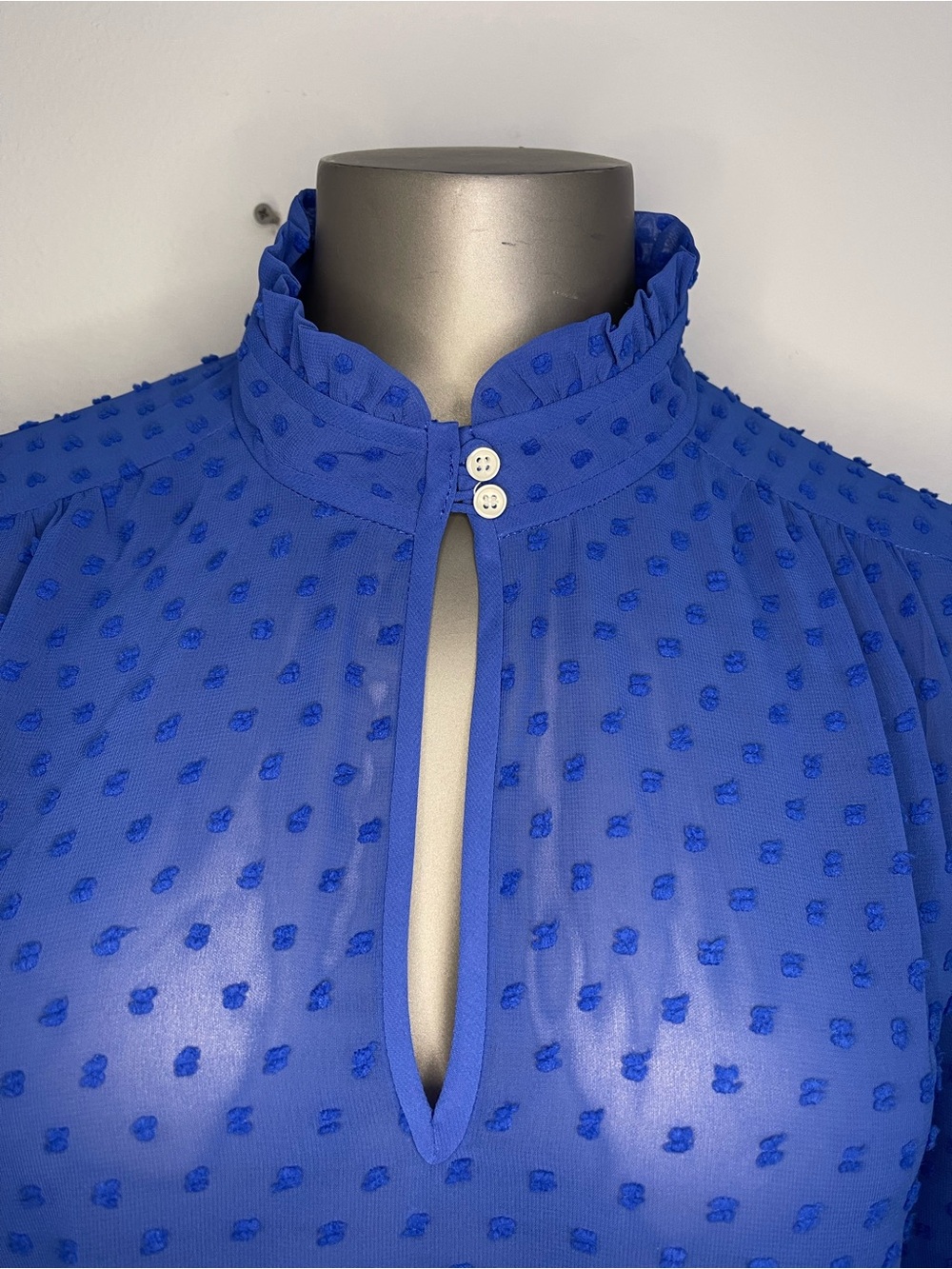 J. Crew Blouse 12 Blue Sheer Swiss Dot Ruffle High-Neck Keyhole Long Sleeve - Picture 5 of 10